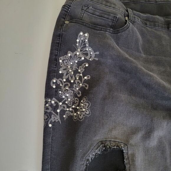 NEW 24 W boho butterfly rhinestone pearl distressed raw black stretch jeans NWT - Picture 8 of 16